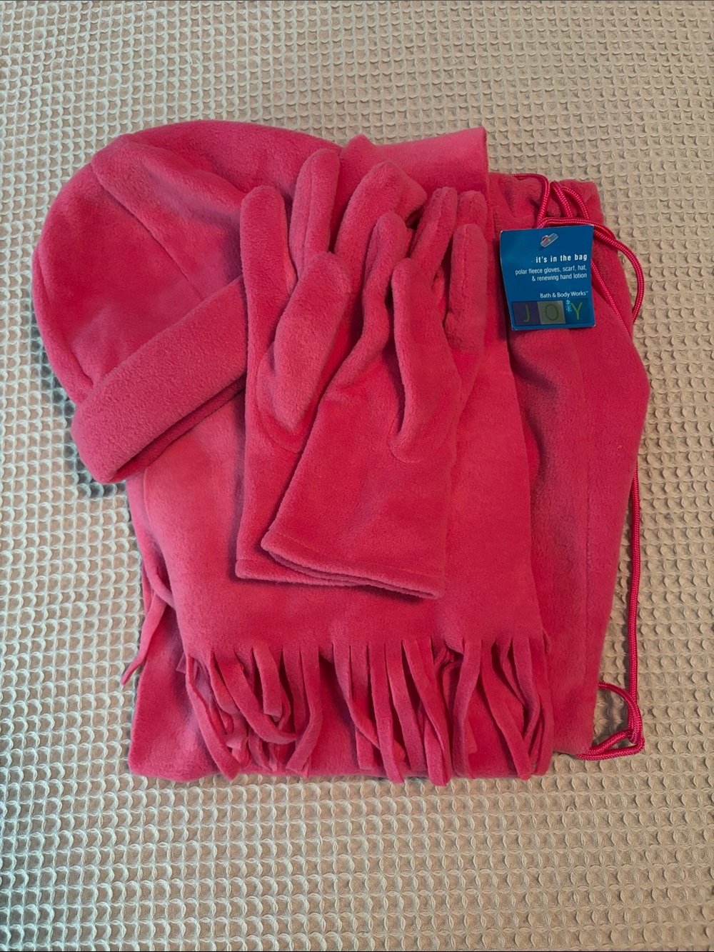 Bath and Body Works Plush Pink Polar Fleece Hat, Scarf & Gloves set in Bag